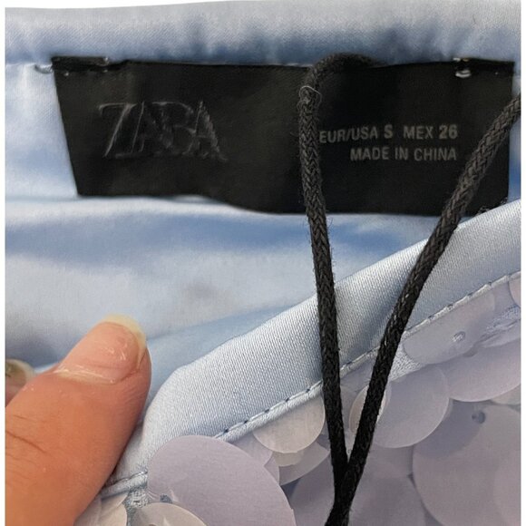 Zara Womens Mini Sequin Skirt Size S Light Blue Short Side Zip 3920/221 NWT - Picture 4 of 16